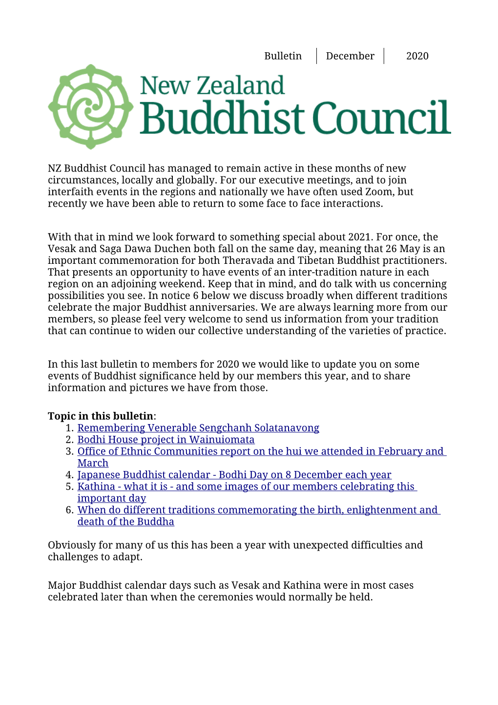 Bulletin December 2020 NZ Buddhist Council Has Managed to Remain