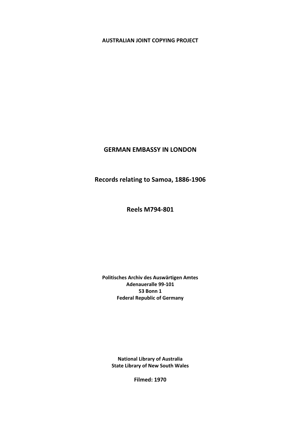 GERMAN EMBASSY in LONDON Records Relating to Samoa, 1886