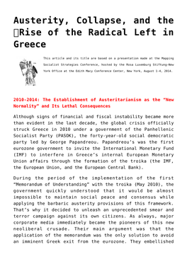 Austerity, Collapse, and the Rise of the Radical Left in Greece
