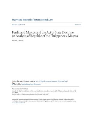 Ferdinand Marcos and the Act of State Doctrine: an Analysis of Republic of the Philippines V