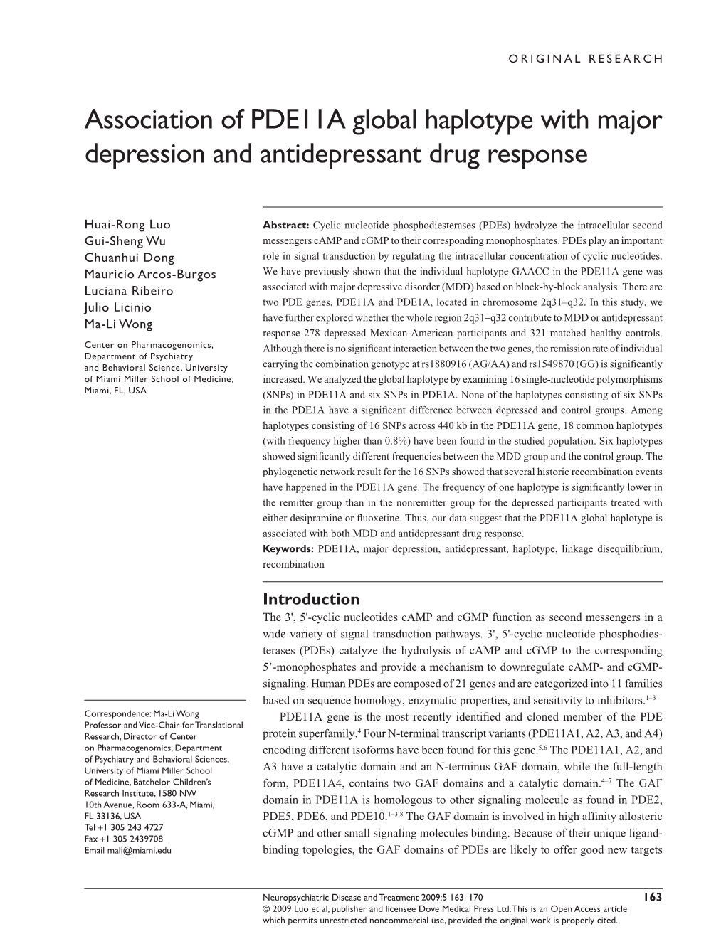 Association of PDE11A Global Haplotype with Major Depression and Antidepressant Drug Response