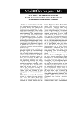 „WER SORGEN HAT, DER LESE DADAGLOBE“ Zum 100. Dada-Jubiläum Erscheint Erstmals Die Rekonstruktion Der Geheimnisumwitterten Anthologie „Dadaglobe“