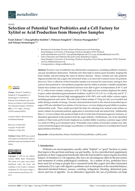Selection of Potential Yeast Probiotics and a Cell Factory for Xylitol Or Acid Production from Honeybee Samples