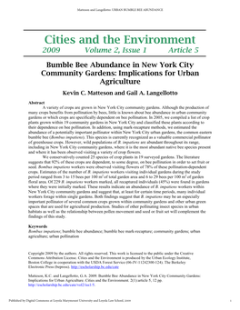 Bumble Bee Abundance in New York City Community Gardens: Implications for Urban Agriculture
