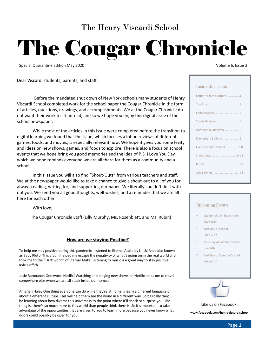 The Cougar Chronicle Special Quarantine Edition May 2020 Volume 6, Issue 2