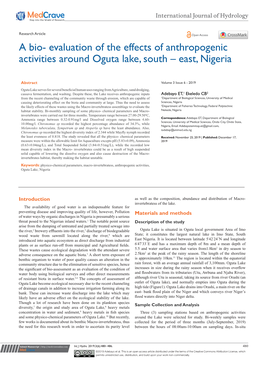 A Bio- Evaluation of the Effects of Anthropogenic Activities Around Oguta Lake, South – East, Nigeria