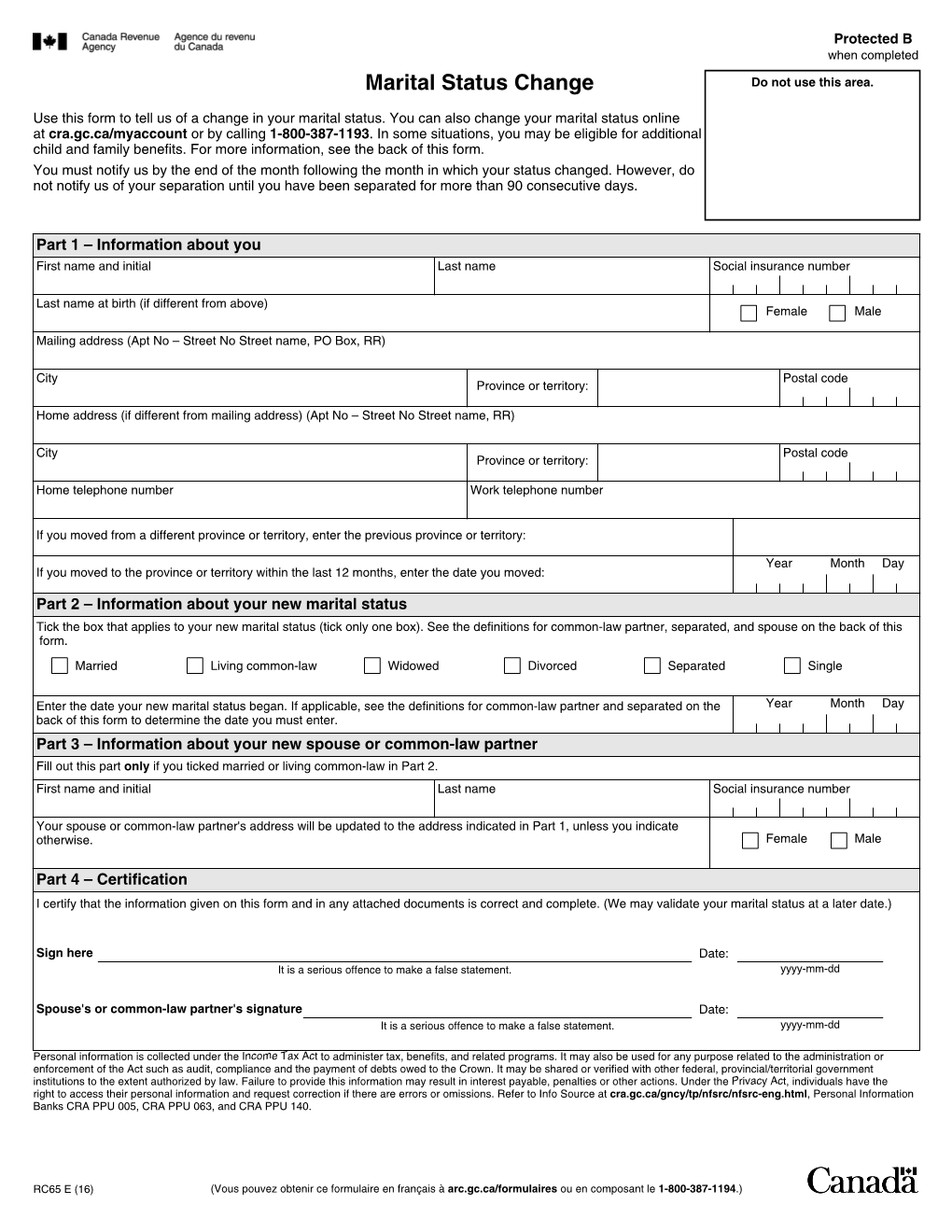 Marital Status Change Do Not Use This Area