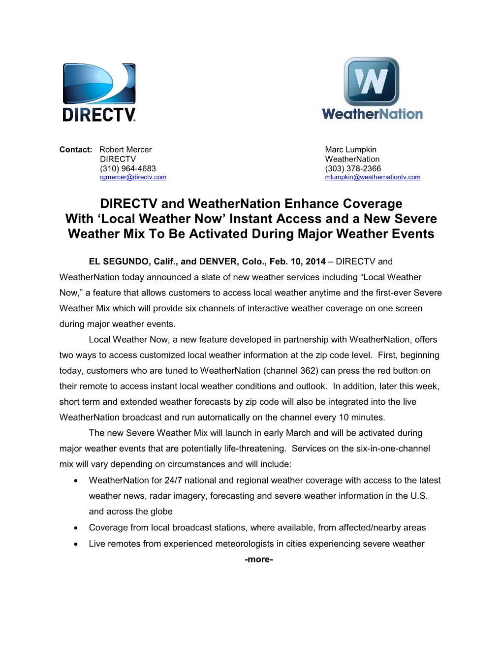 DIRECTV and Weathernation Enhance Coverage with 'Local Weather Now' Instant Access and a New Severe Weather Mix to Be Activ