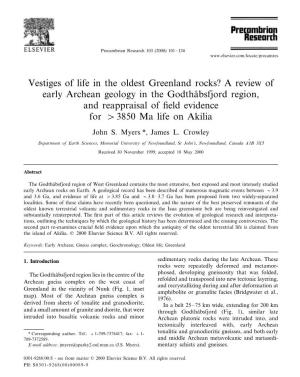 A Review of Early Archean Geology in the Godtha˚Bsfjord Region, and Reappraisal of ﬁeld Evidence for \3850 Ma Life on Akilia