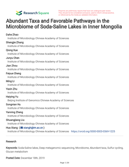Abundant Taxa and Favorable Pathways in the Microbiome of Soda-Saline Lakes in Inner Mongolia