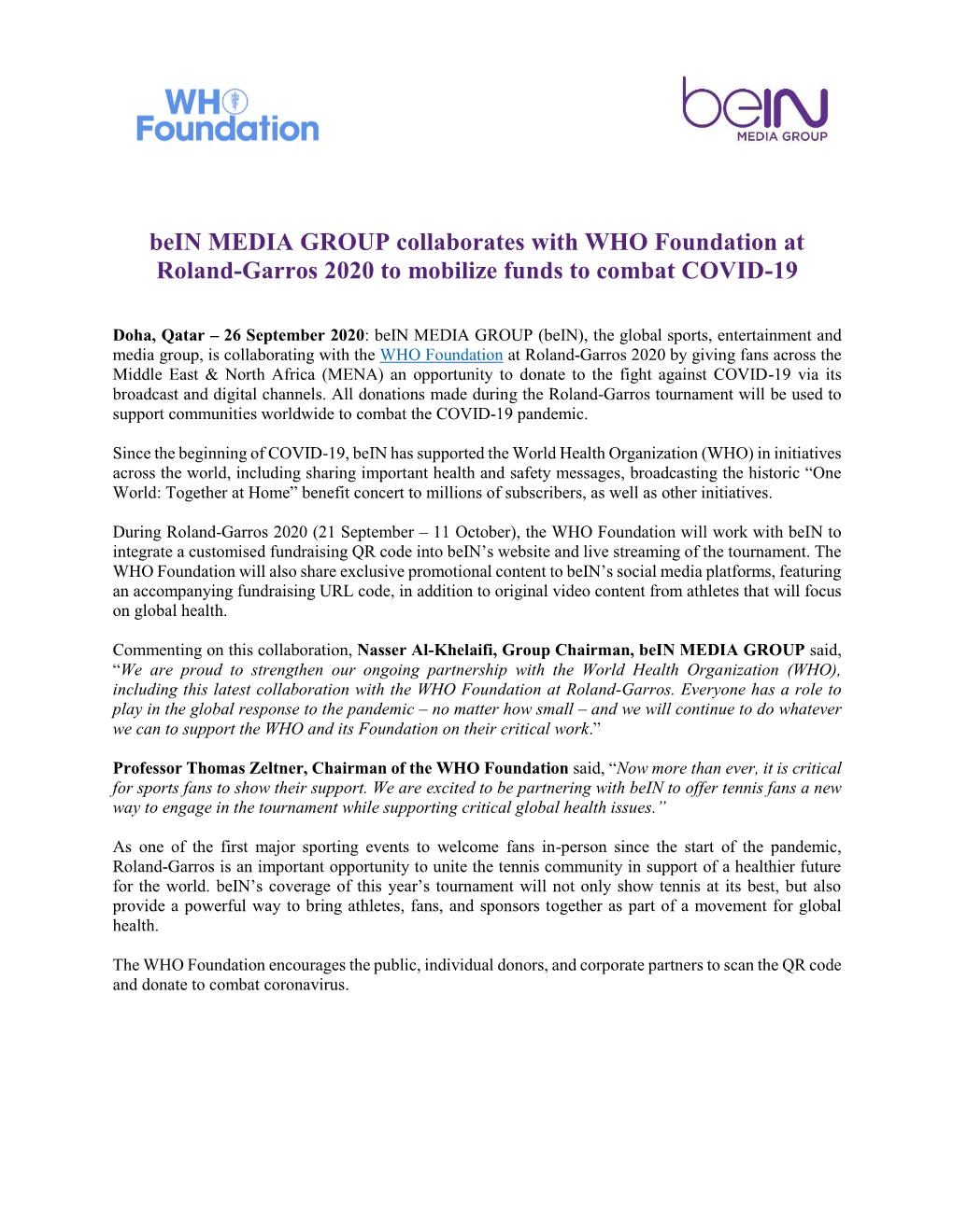 Bein MEDIA GROUP Collaborates with WHO Foundation at Roland-Garros 2020 to Mobilize Funds to Combat COVID-19