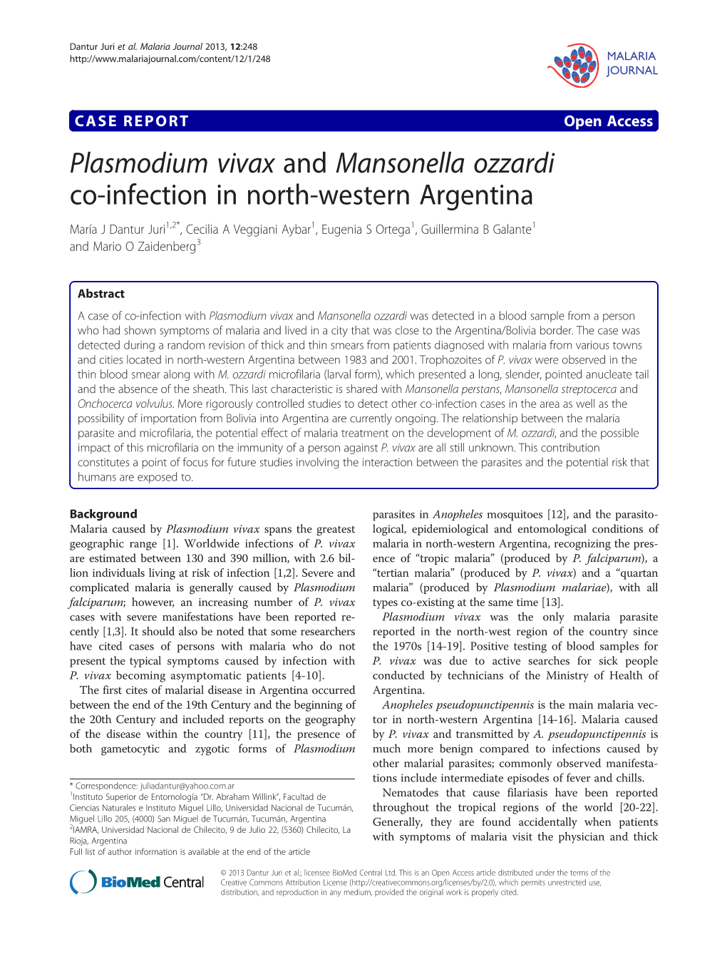 Plasmodium Vivax and Mansonella Ozzardi Co-Infection in North-Western Argentina