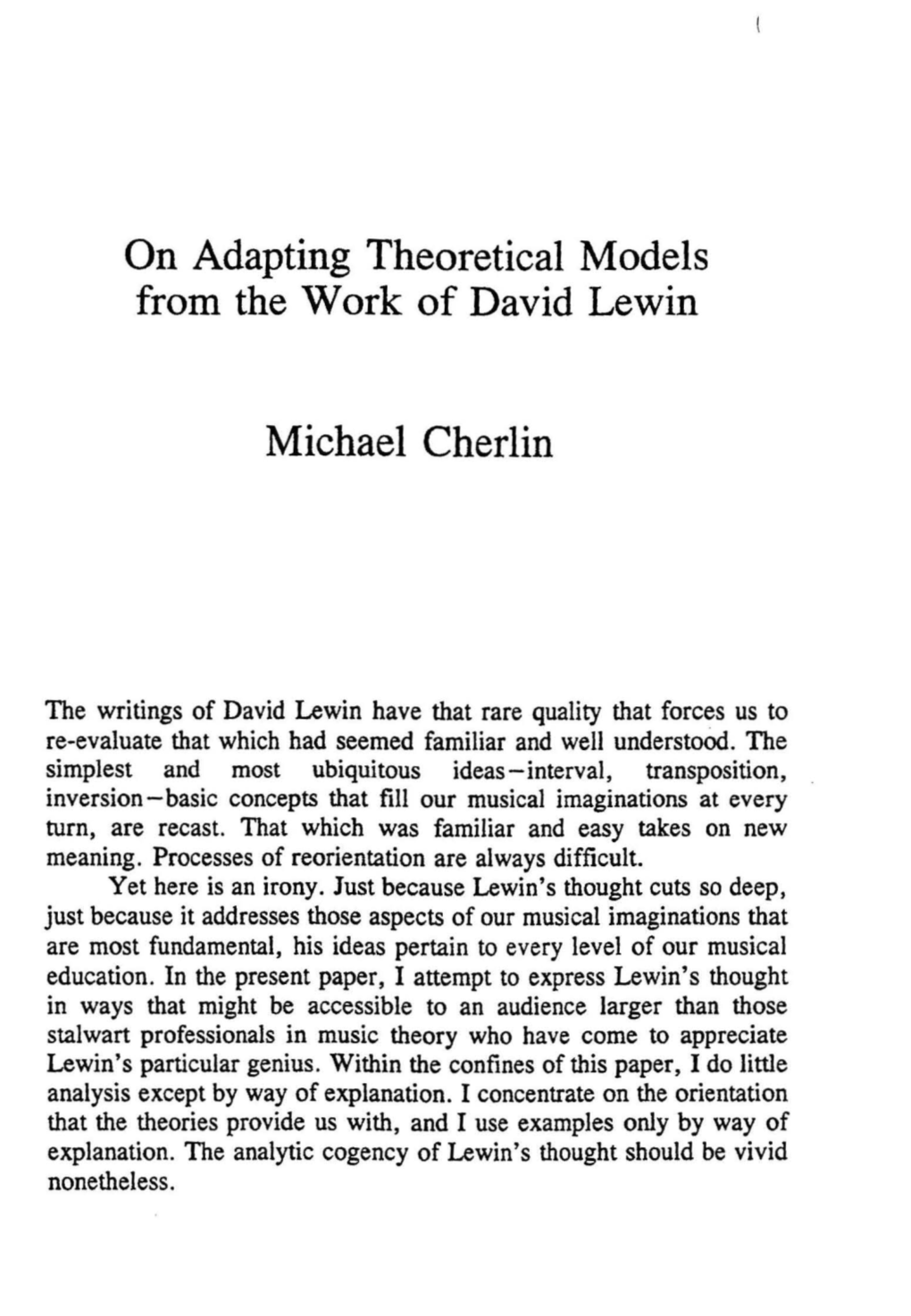 On Adapting Theoretical Models from the Work of David Lewin