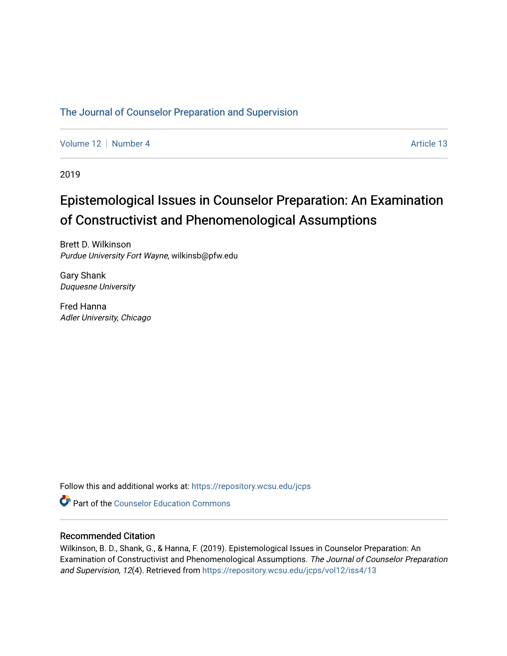 Epistemological Issues in Counselor Preparation: an Examination of Constructivist and Phenomenological Assumptions