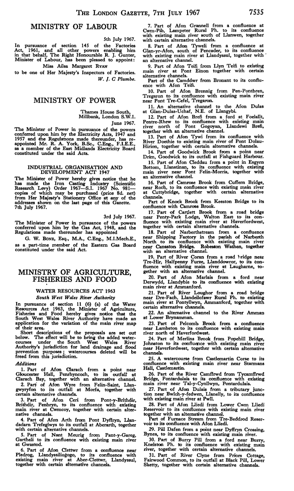 The London Gazette, ?Th July 1967 7535 Ministry of Labour