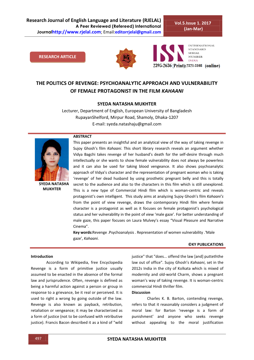 The Politics of Revenge: Psychoanalytic Approach and Vulnerability of Female Protagonist in the Film Kahaani