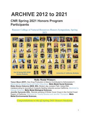 ARCHIVE 2012 to 2021 CNR Spring 2021 Honors Program Participants
