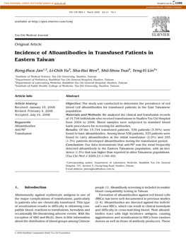 Incidence of Alloantibodies in Transfused Patients in Eastern Taiwan