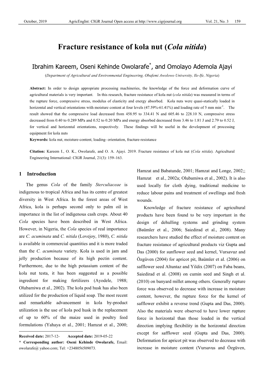 Fracture Resistance of Kola Nut (Cola Nitida)