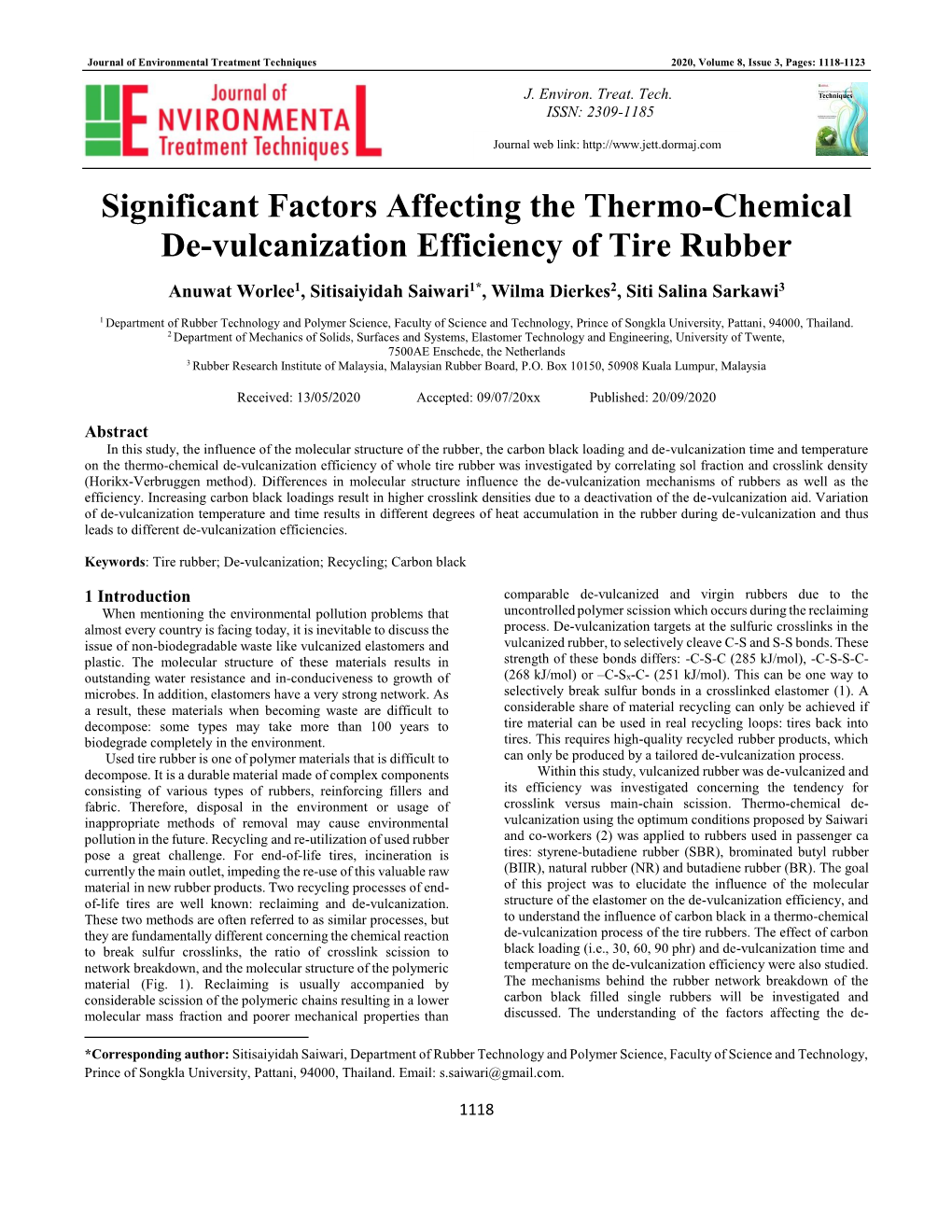 Significant Factors Affecting the Thermo-Chemical De-Vulcanization Efficiency of Tire Rubber