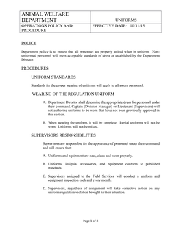 Animal Welfare Department Uniforms Operations Policy and Effective Date: 10/31/15 Procedure