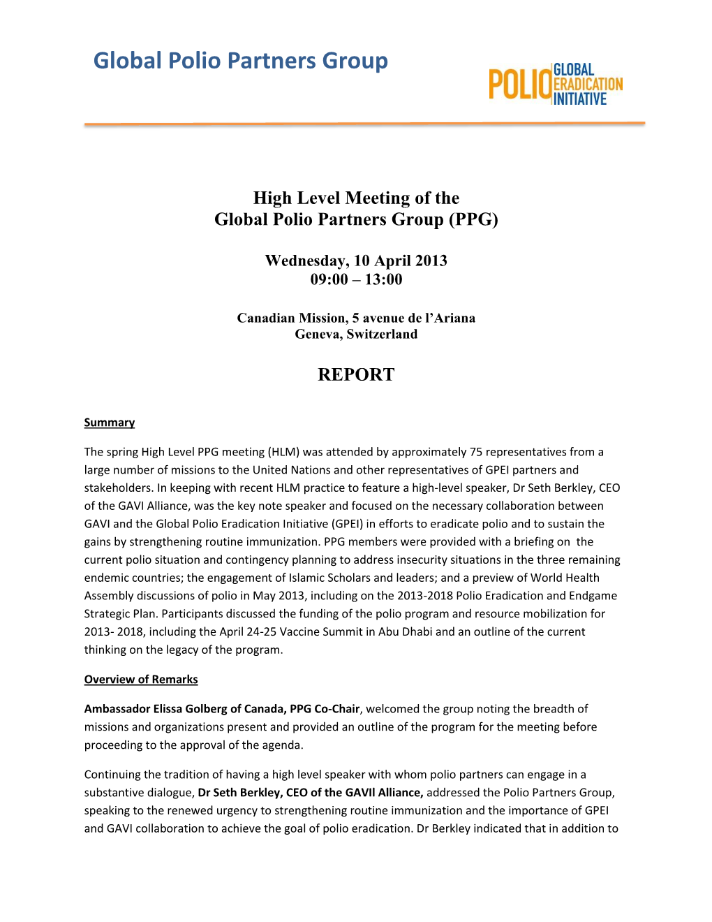 High Level Meeting of the Global Polio Partners Group (PPG)