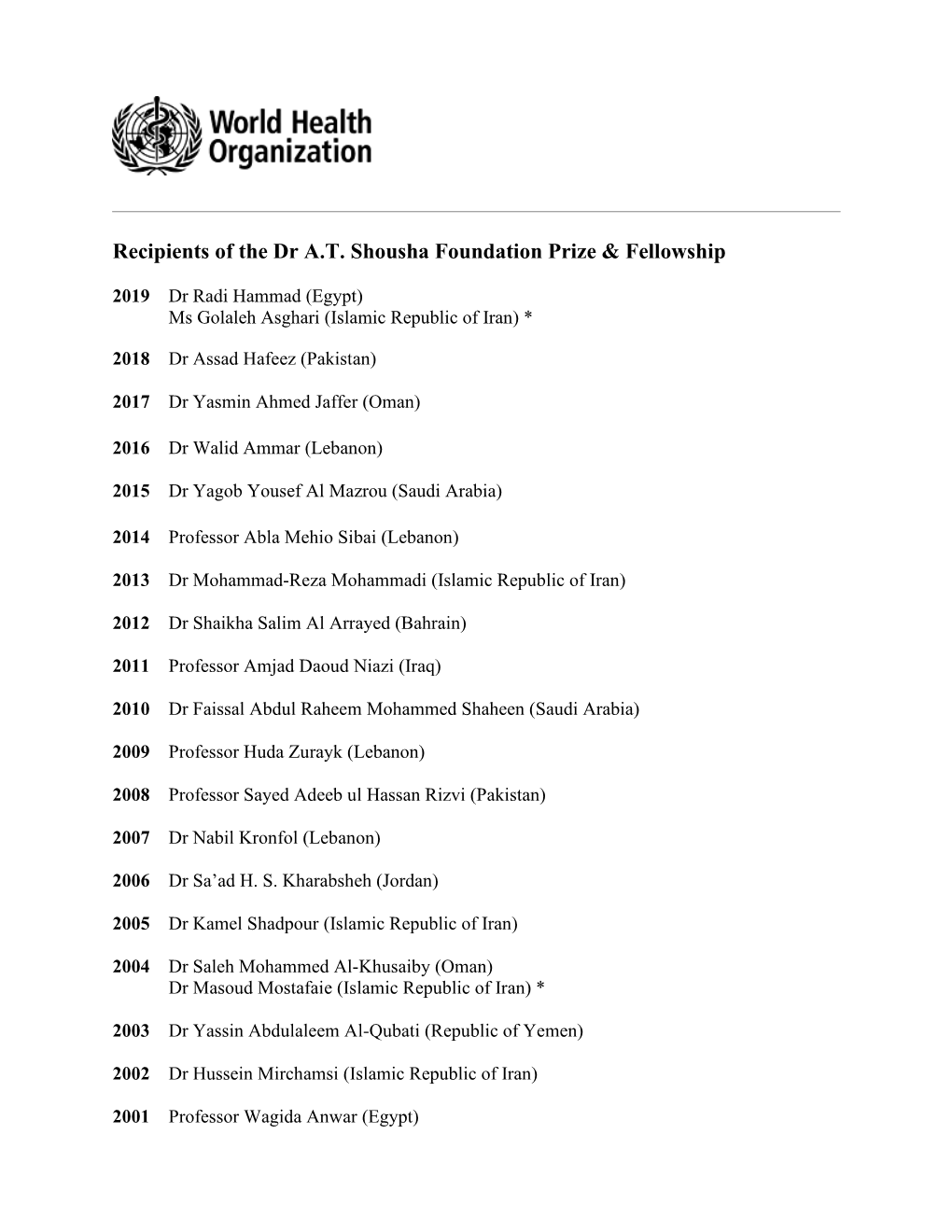 Recipients of the Dr A.T. Shousha Foundation Prize & Fellowship