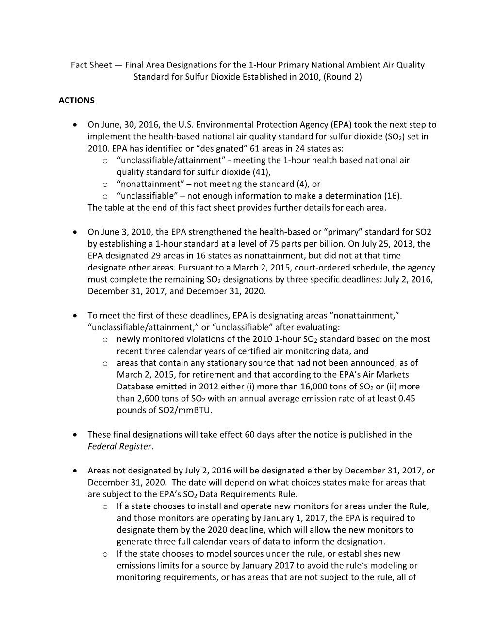 Fact Sheet — Final Area Designations for the 24-Hour Fine Particle