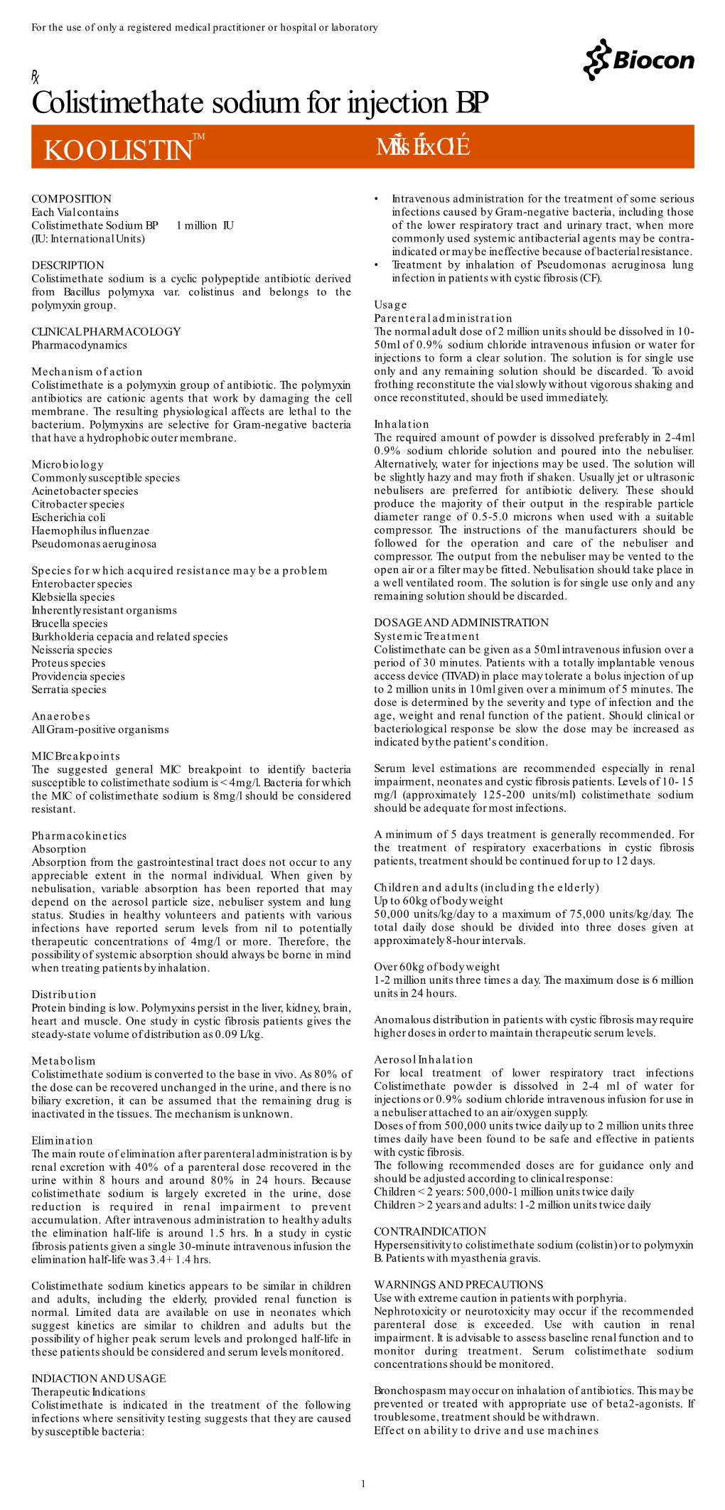 Colistimethate Sodium for Injection BP