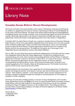 Canadian Senate Reform: Recent Developments