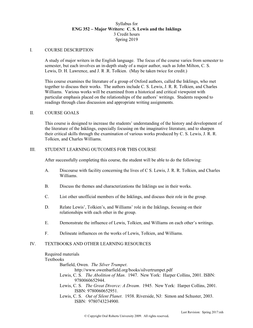 Syllabus for ENG 352 – Major Writers: C