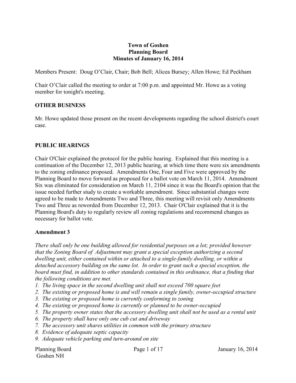 Planning Board Page 1 of 17 January 16, 2014 Goshen NH Town Of