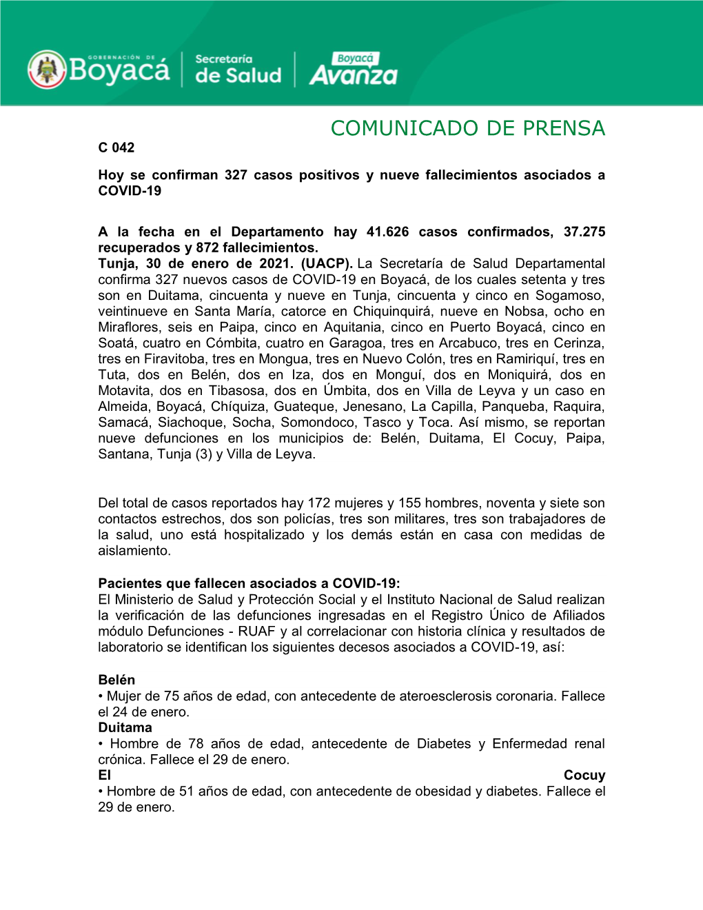 COMUNICADO DE PRENSA C 042 Hoy Se Confirman 327 Casos Positivos Y Nueve Fallecimientos Asociados a COVID-19