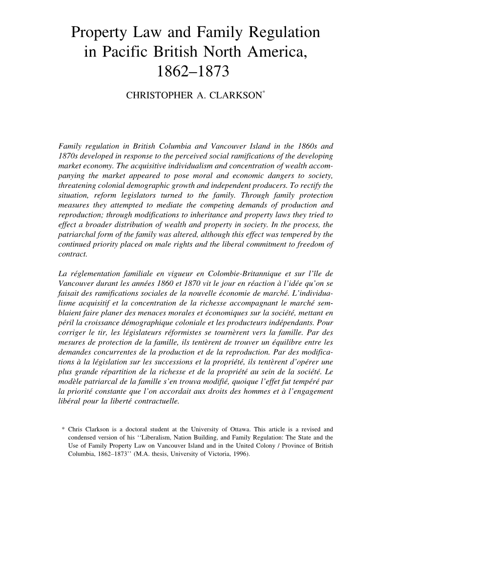 Property Law and Family Regulation in Pacific British North America, 1862–1873