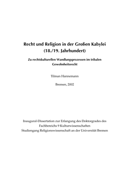 Recht Und Religion in Der Großen Kabylei (18./19