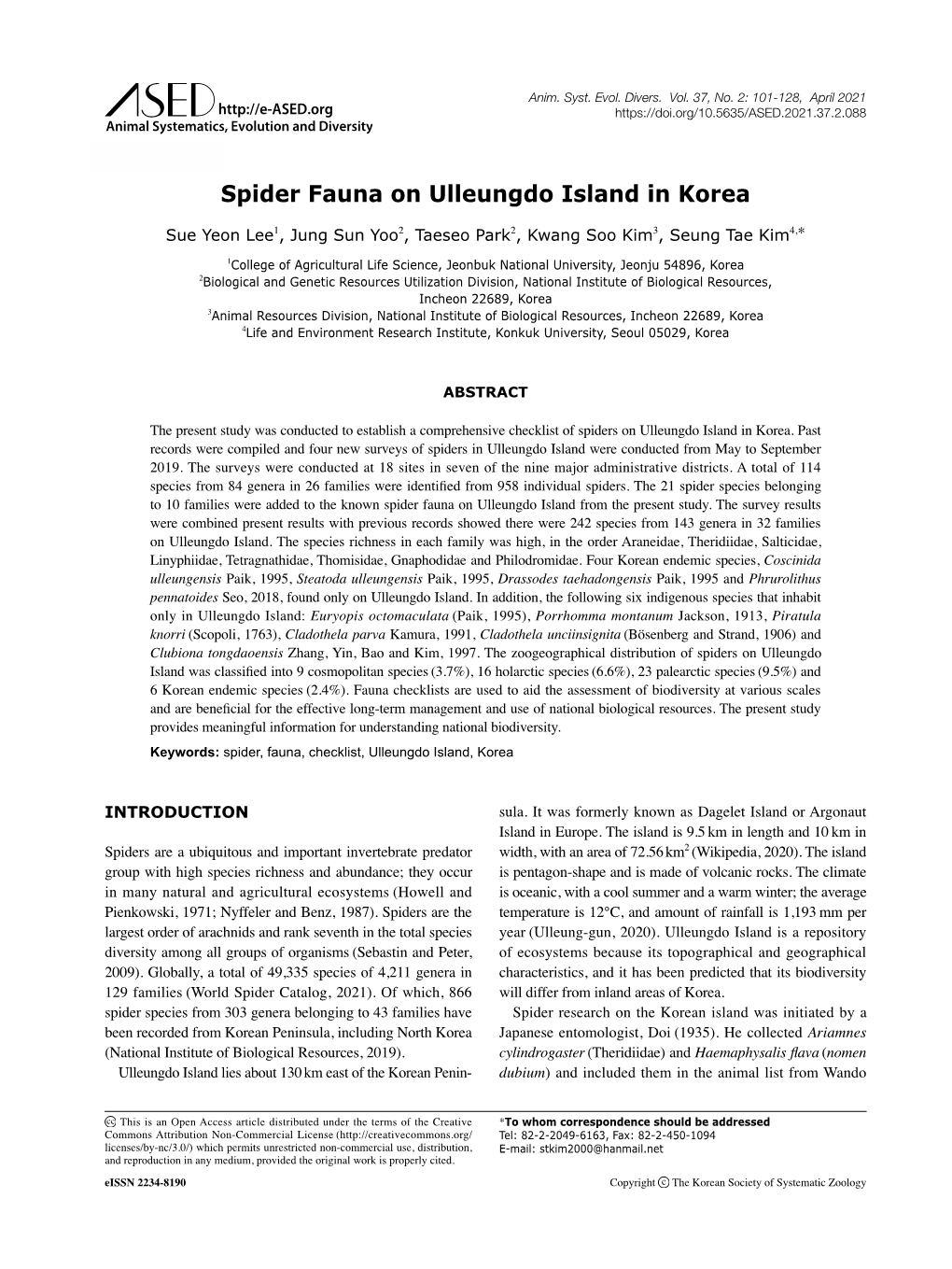 Spider Fauna on Ulleungdo Island in Korea