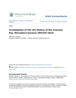 Investigation of the Life History of the Cownose Ray, Rhinoptera Bonasus (Mitchill 1815)