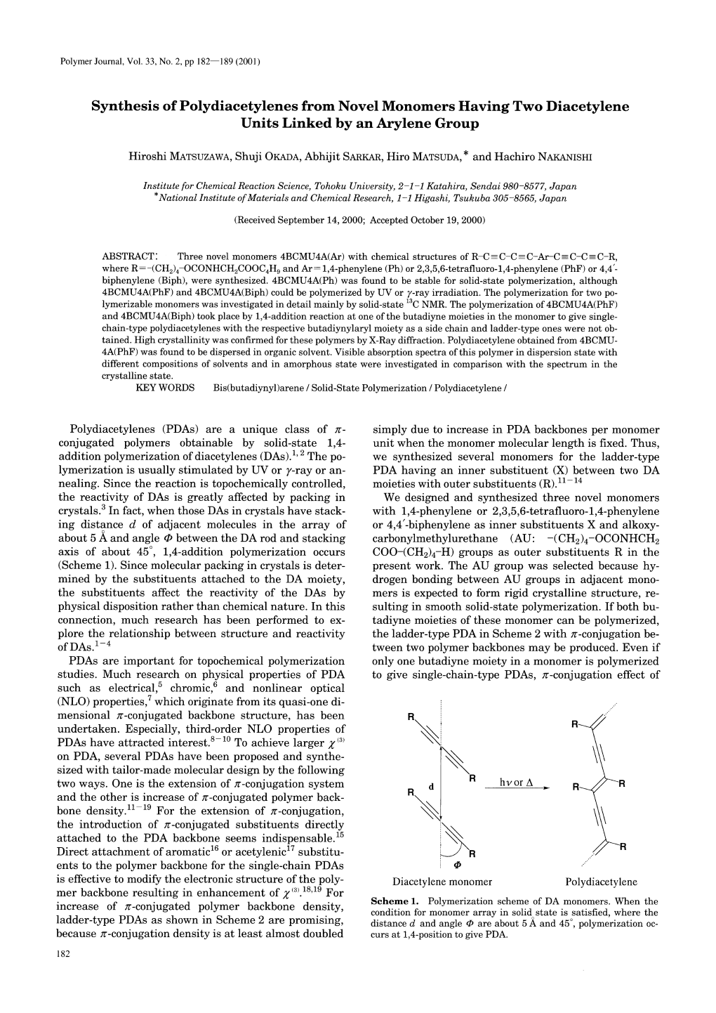 Synthesis Ofpolydiacetylenes from Novel Monomers Having Two Diacetylene Units Linked by an Arylene Group