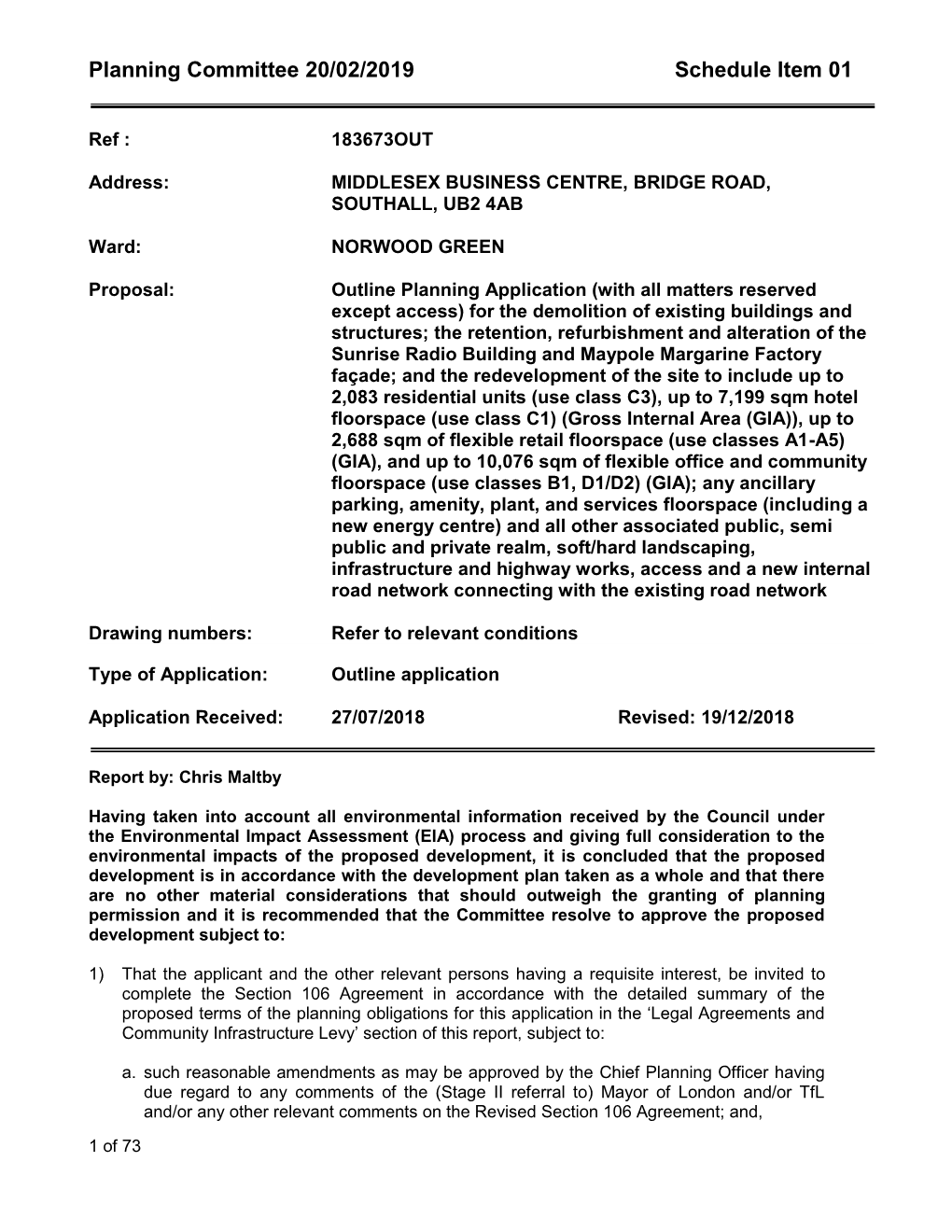 Planning Committee 20/02/2019 Schedule Item 01