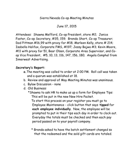 Sierra Nevada Co-Op Meeting Minutes June 17, 2015 Attendees