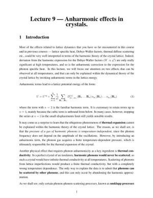 Lecture 9 — Anharmonic Effects in Crystals