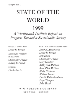 STATE of the WORLD 1999 a Worldwatch Institute Report on Progress Toward a Sustainable Society