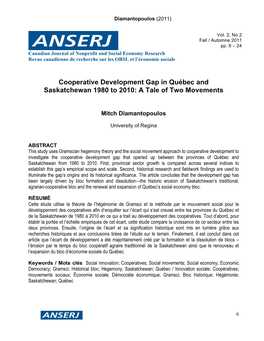 Cooperative Development Gap in Québec and Saskatchewan 1980 to 2010: a Tale of Two Movements