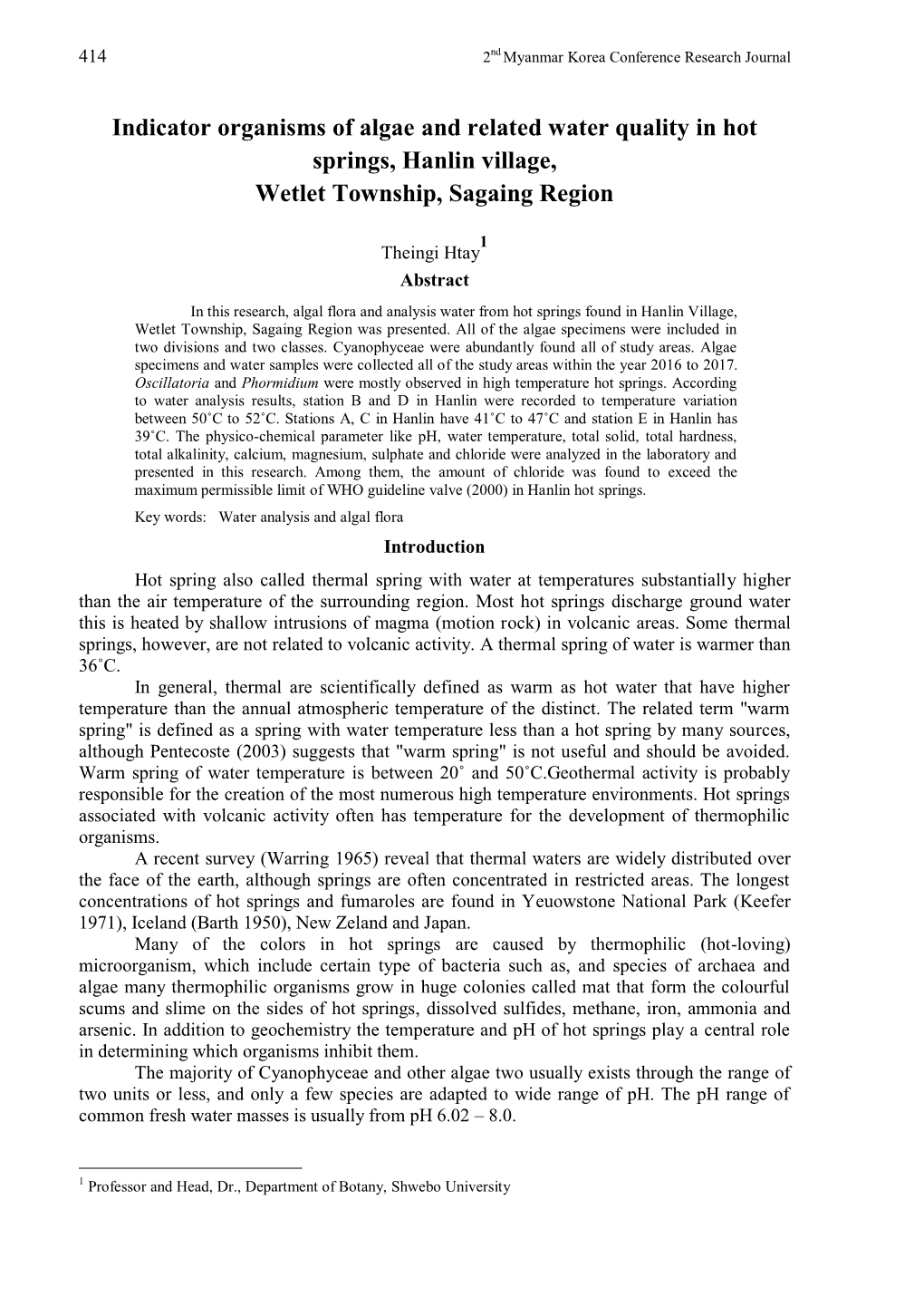 Indicator Organisms of Algae and Related Water Quality in Hot Springs, Hanlin Village, Wetlet Township, Sagaing Region