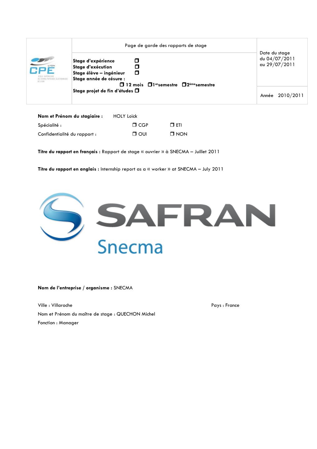 Rapport De Stage « Ouvrier » À SNECMA – Juillet 2011