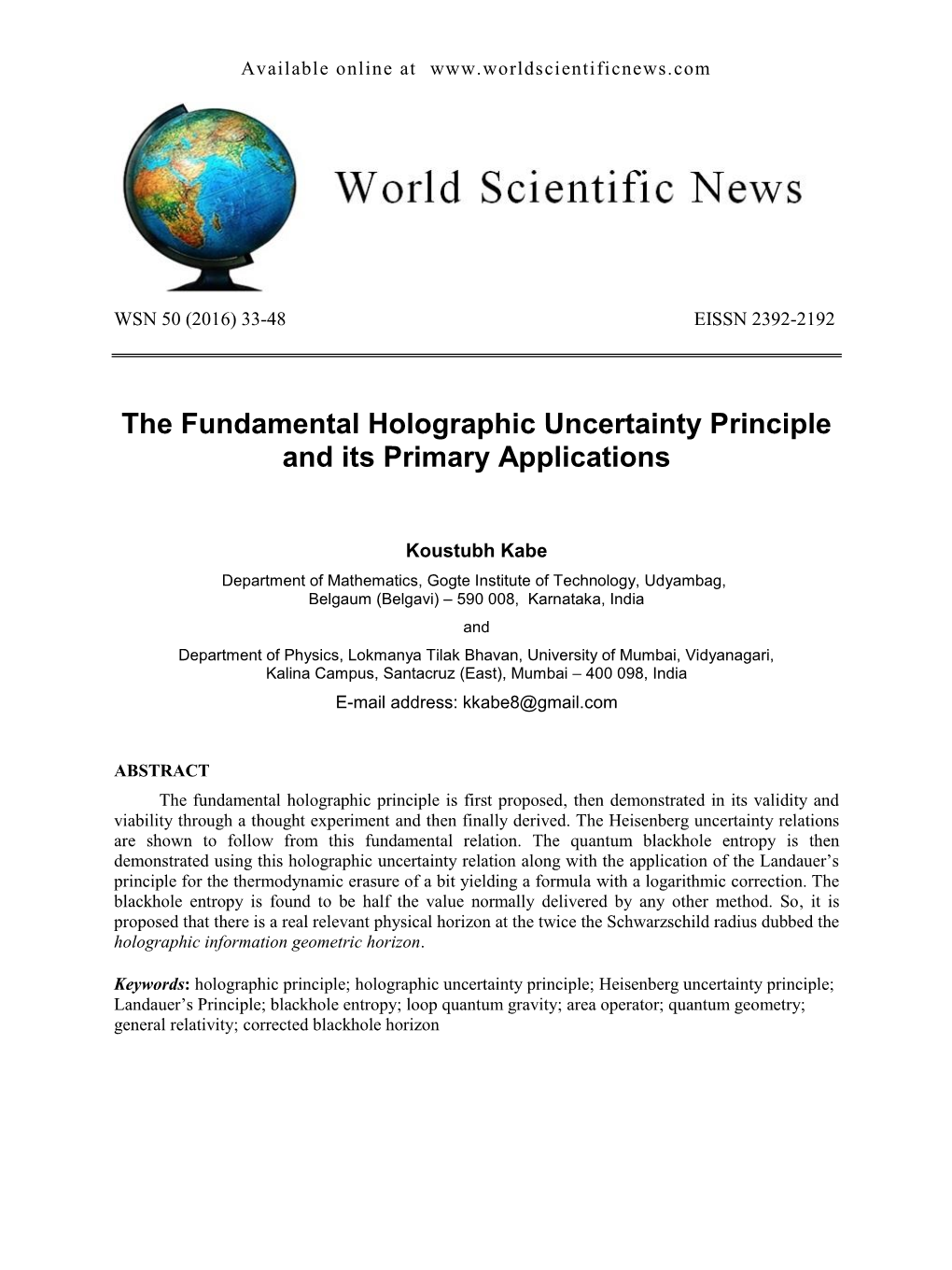 The Fundamental Holographic Uncertainty Principle and Its Primary Applications