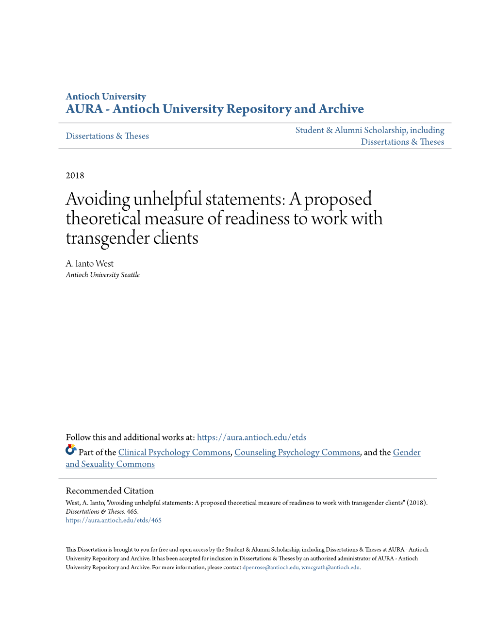 A Proposed Theoretical Measure of Readiness to Work with Transgender Clients A
