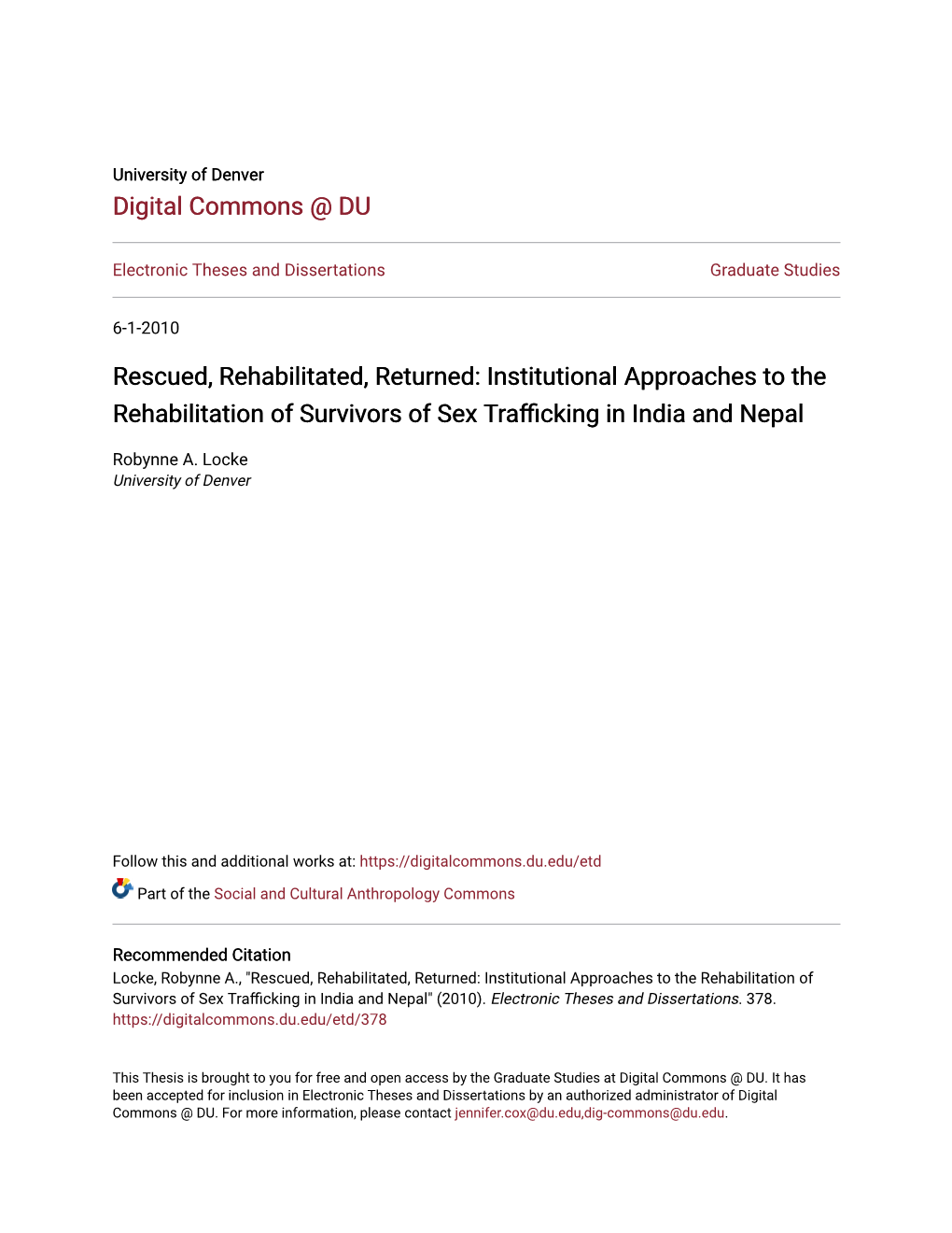 Institutional Approaches To The Rehabilitation Of Survivors Of Sex Trafficking In India And 