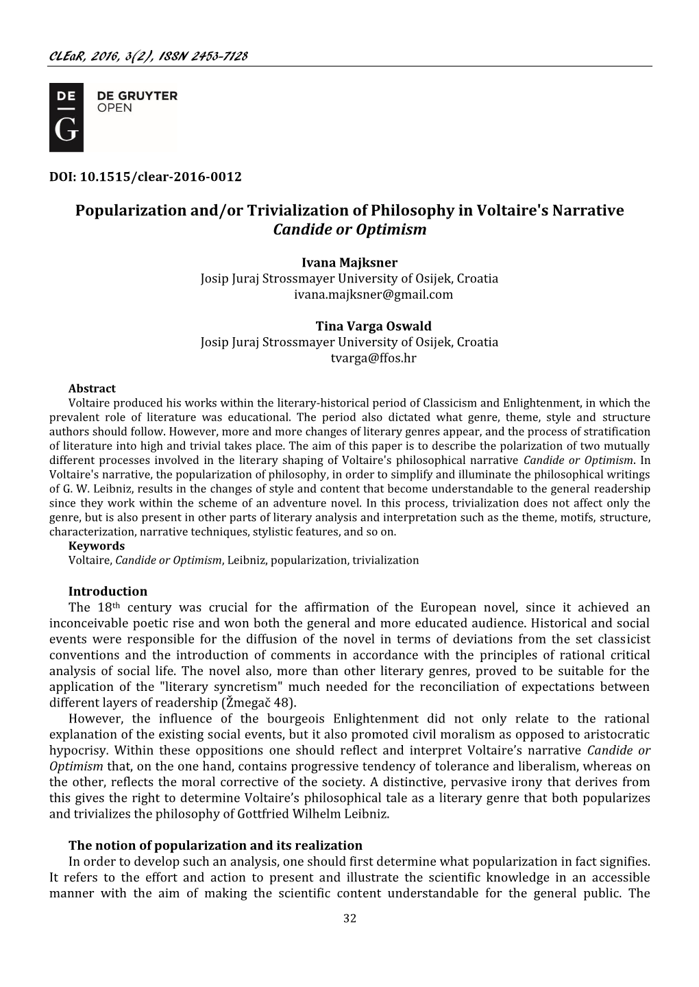 Popularization And/Or Trivialization of Philosophy in Voltaire's Narrative