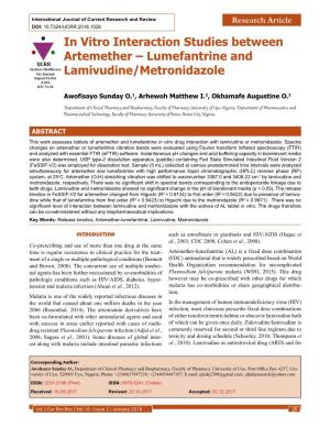 In Vitro Interaction Studies Between Artemether – Lumefantrine and IJCRR Section: Healthcare Sci